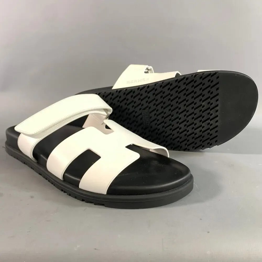 HERMES Size 9 White Black Leather Sandals
